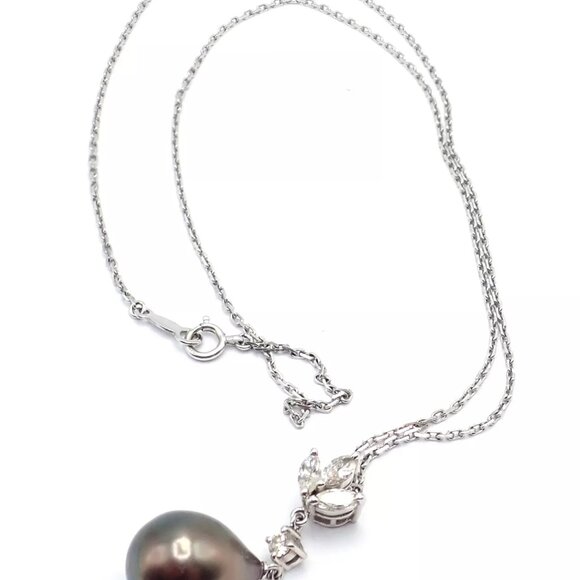 Authentic! Mikimoto 18k White Gold Tahitian Pearl Diamond Pendant Necklace - Picture 3 of 9